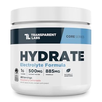 Transparent Labs Hydrate Sugar Free Electrolytes Powder - Hydration Powder Electrolytes with Coconut Water, Calcium, Taurine, Potassium - 40 Servings, Raspberry Lemonade