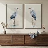 Large Framed Vintage Bird Wall Art, 2 Piece Neutral Blue Heron Canvas Painting Prints, Minimalist Farmhouse Vertical Coastal Heron Artwork for Living Room Office Kitchen Hallway Wall Decor, 24x36