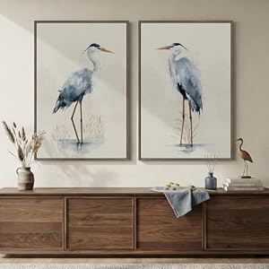 Large Framed Vintage Bird Wall Art, 2 Piece Neutral Blue Heron Canvas Painting Prints, Minimalist Farmhouse Vertical Coastal Heron Artwork for Living Room Office Kitchen Hallway Wall Decor, 24×36