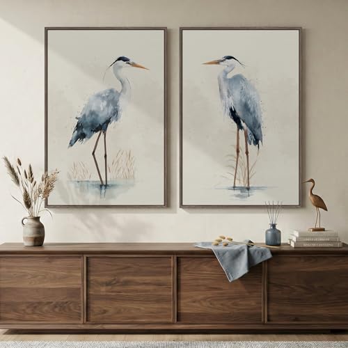 Large Framed Vintage Neutral Blue Heron Bird Wall Art, 2 Piece 24x36 In