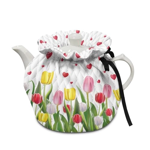 Image of Floral Tea Cozy for Teapot Small Tea Cosies Tulip Flower Design, Kitchen Tea Kettle Dust Cover Cloth Cover for Breakfast Pot Coffee Pot Protector Tabletop Decorations