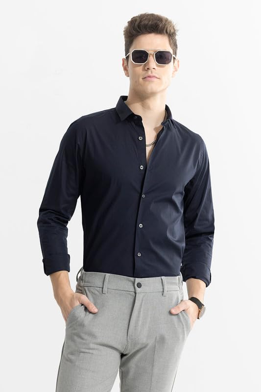 Image of SNITCH Men's Plain Shirts | Formal Wear Streetwear Style | Cotton Spread Full Sleeve Slim Fit Navy
