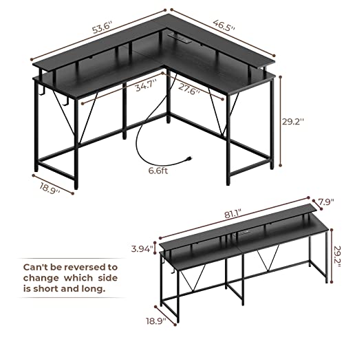 Huuger L Shaped Gaming Desk With Led Lights & Power Outlets, Computer Desk With Monitor Stand & Hooks, Home Office Desk, Corner Gaming Desk, Black #TOP4