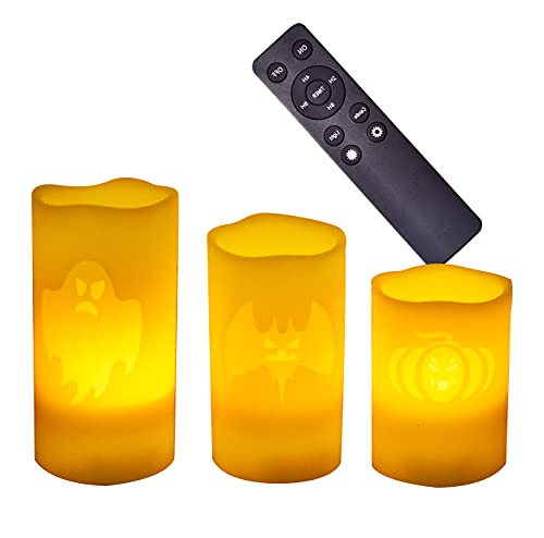 Image of CANDLE CHOICE Orange Halloween Flameless Candles with Remote Timer Real Wax Realistic Flickering Battery Operated Electric LED Pillars Pumpkin Bat Ghost Patterns for Halloween Party Decorations 3 Pack