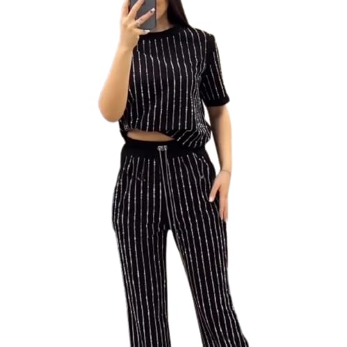 Women's Casual Solid Color Round Neck Hot Diamond Short Sleeve Two-piece Suit Slim Rhinestone Striped Black Top And Pant (BLlack,XL)