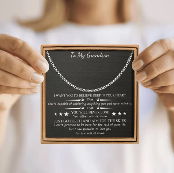 Image of JoycuFF Grandson Birthday Graduation Gifts from Grandma Grandpa GrandParents Stainless Steel Box Chain 3 MM 18 Inches Necklace for Men