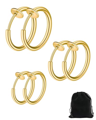 TOZBLEU 3 paires boucles d'oreilles clips en acier inoxydable, boucle d'oreille clip, boucle oreille sans trou, imitant les boucles d'oreilles anneaux et créoles, Avec sac de rangement, Or