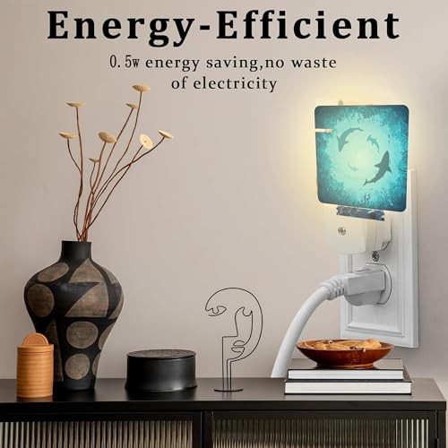 Image of Blue Sharks and Corals Underwater World Fish Marine Lifes Dusk to Dawn Night Light Plug in, 0.5w Energy Saving Sleep Friendly NightLight for Kids Boys Girls Home Decor