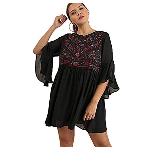 Boho Bliss! Plus Size Embroirdered Bell Sleeve Dress (X-Large, Black)