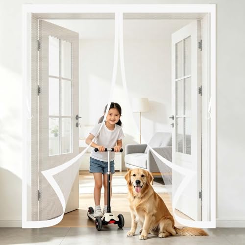 Mosquitera Puerta Magnetica 64 x 216 cm Malla Ultrafina, Transpirables, Fácil Instalación Adhesiva Magnético Cortina para Protección Contra Insectos para Salón, Balcón, Blanco