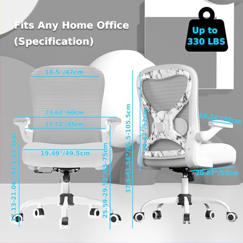 Image of Ergonomic Office Chair for Long Hours and Back Pain Relief, Space-Saving Design with Adjustable Lumbar Support, Flip-Up Arms, 3D Headrest, Tilt & Rock, 330 LBS (White+Marble)
