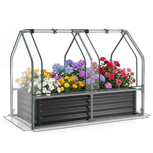 HAPPYGRILL 4 x 2 x 3 FT Galvanized Raised Garden Bed with Cover, Metal Elevated Planter Box with Dual Roll-up Windows for Vegetables Herbs Flowers, Mini Greenhouse for Outdoor Patio Balcony (Black)