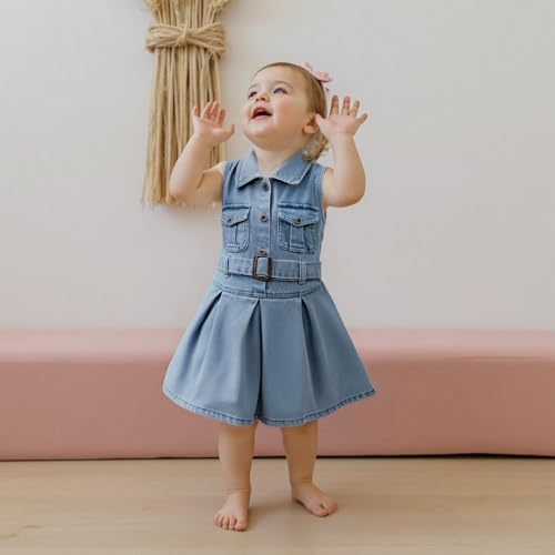 Toddler Girls Denim Dress Sleeveless Collared Neck Jean Shirt Dress Little Girl Dresses with Belt4