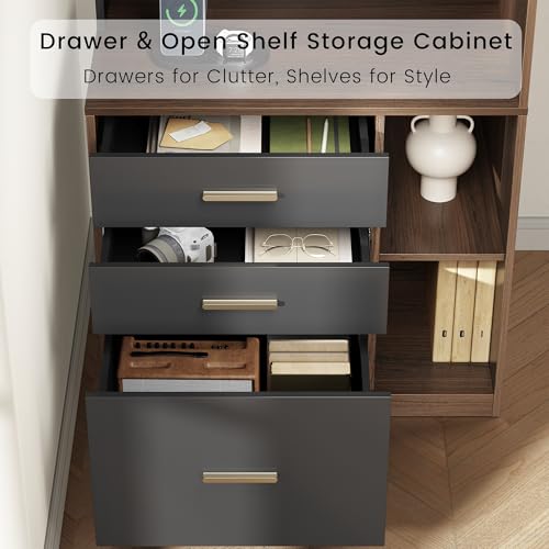 Image of ModernMate 74.4 inch Corner Bookshelf with 3 Drawers and Storage, Power Outlet