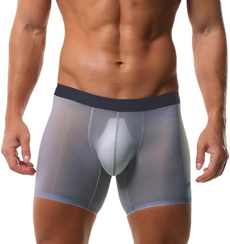 FEOYA Mens Mesh See Through Boxer Brief Underwear Ice Silk Low Rise Underpants 3D Puch Bulge Shorts Sport Short Leg Panties