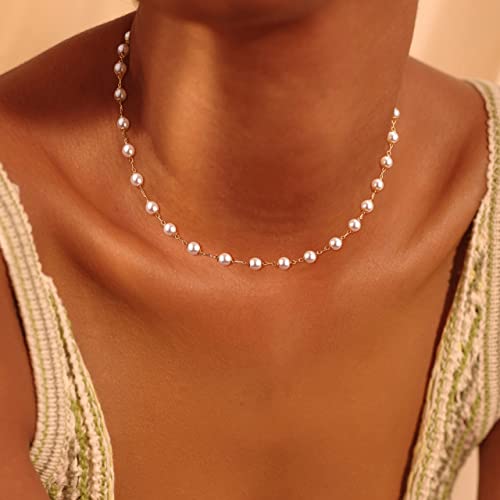 Fettero Pearl Choker Dainty Adjustable Necklace - 14K Gold Plated Cultured Tiny Station Chain Delicate Mother's Valentine Jewelry For Women #TOP2