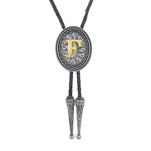 Kdg Bolo Tie For Man Golden Initial A To Z Oval Shape Antique Silver Blackground #TOP1