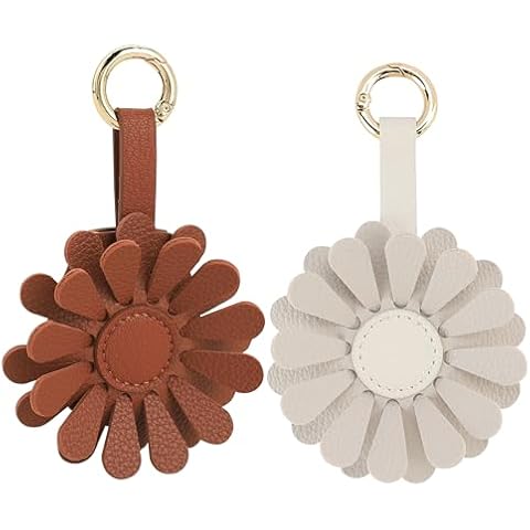 URIZZD Air Tag Keychain for Apple Airtags Holder, 2 Pack Flower Air Tag Cases, Leather Cover for AirTags Holder (Beige+Brown) Cover