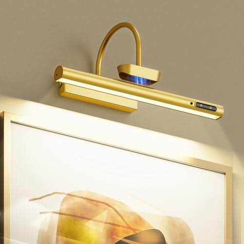 Bridika Picture Light Battery Operated, 13.8in Picture Lights for Wall, 3 Colors & Brightness Dimmable, Rechargeable Art Light for Paintings Photo Dartboard Gallery Bedroom Bathroom Gold