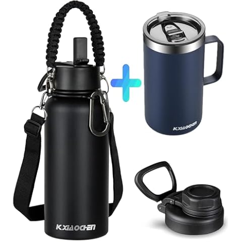KXIAOCHEN 32 oz Insulated Water Bottle with 2 Lids and 20oz Insulated Coffee Mug with Lid Cover