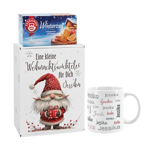 Herz & Heim® Kleines Tee Geschenkset mit Tasse, Tee und Geschenkverpackung, personalisiert (Weihnachtswichtelei)
