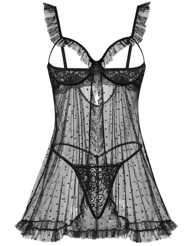 Avidlove Sexy Polka Dots Mesh Sheer Lace Babydoll Open Front Ruffle Chemise Cut Out Nightgown Lingerie Dress With Thong XS-XXL Black Small — view 2
