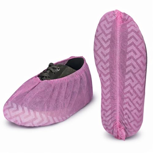 SAFEKO Premium Disposable Boot & Shoe Covers Booties, Durable, Non-Slip, Non-Toxic, Recyclable Protectors, Fits Most Shoes - Pink - Pack of 100 (50 Pairs)