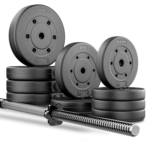 TREX SPORT Langhantel Set 66kg | Hantelset mit Langhantelstange 150cm, Kunststoff Hantelscheiben, Sternverschlüsse, langlebig | Home Gym Krafttraining