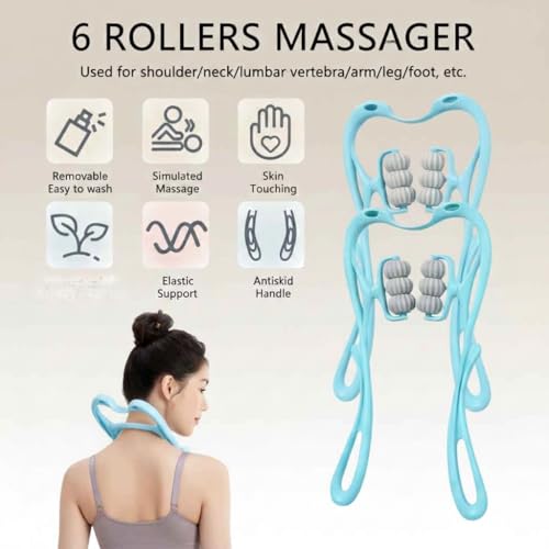 Image of 5th Generation Neck and Shoulder Massager, 6-Wheel Dual Pressure Trigger Point Manual Massager, 360 Rotatable Deep Tissue Roller, Turquoise