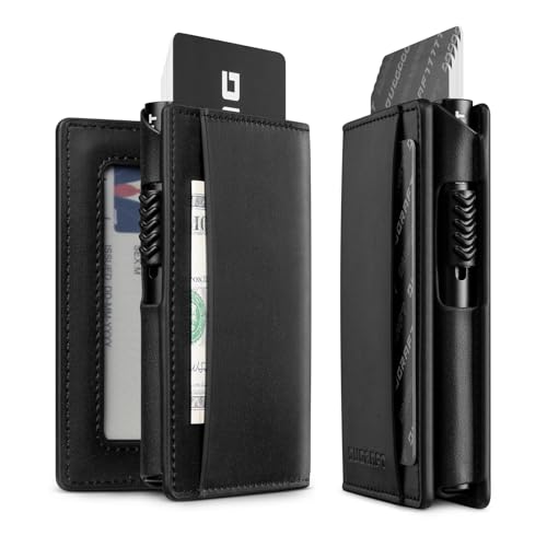 DUGRAFT Tarjetero de Cuero Hombre con Caja de Tarjeta de Crédito Automatico Pop UP RFID Bloqueo, Cartera Plegable con Ventana de ID y Ranuras, Negro
