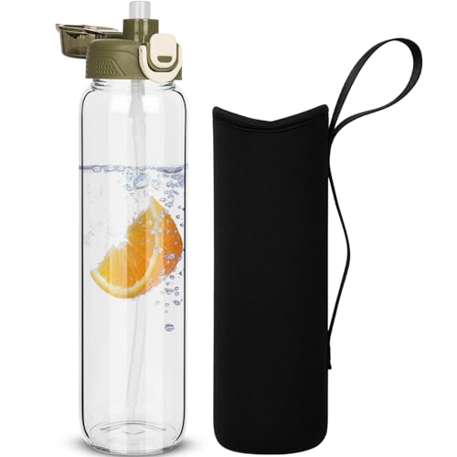 DEARRAY 1l Glass Water Bottle with Straw & Neoprene Sleeve 1 litre BPA free Glass Drinking Bottle Leakproof