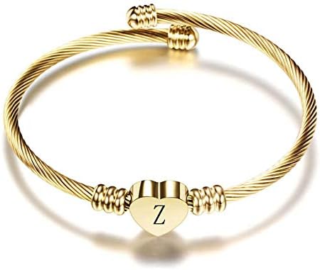FGT English Letters Initial Cuff Bracelets Gold Love Heart Name Alphabet Bangle Gift for Women Girls Daughter Sister Mum Wife Family Granddaughter Girlfriend Mothers Day Valentine Birthday