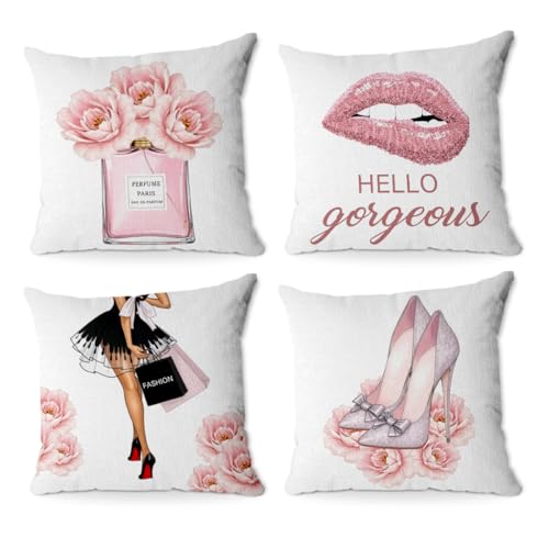 BQXH 4Pcs Pink Pillow Covers, Fashion Woman Watercolor Perfume High Heels Lipstick Throw Pillow Square Cushion Covers 18x18 inch Living Room Home Girls Room Decor for Car Bed Couch