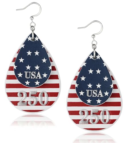 wowshow Patriotic Earrings for Women, 250th Anniversary Teardrop Dangle Earrings for 4th of July Red White and Blue American Flag Jewelry Independence Day Accessories Lightweight