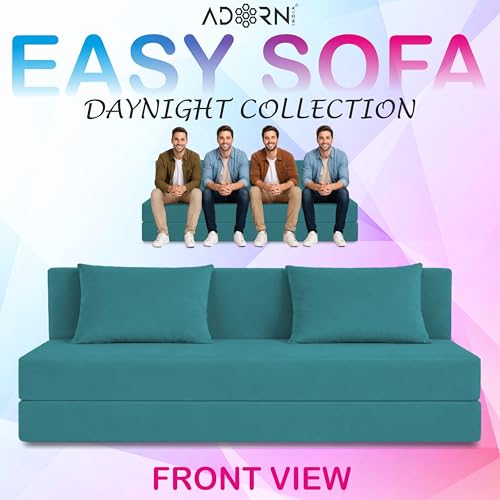 Adorn India Easy 4 Seater Sofa Cum Bed | Velvet Fabric | Aqua Blue | Plain Design | 6x6 Ft | Comfortable Seating | Washable Cover | Perfect for Home & Office - image 2