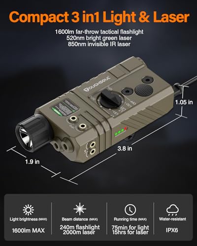 TOUGHSOUL Mlok and Picatinny Mounted Tactical Flashlight Green Laser Infrared(IR) Laser 3 in 1 Combo, 1600 Lumen Light with Remote Pressure Switch for Rifle