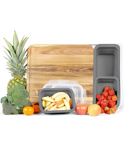 Tabla de Cortar para Preparación de Comidas TidyBoard con Contenedores - Tabla de Madera de Acacia con Contenedores y Tapas de Silicona - Estación para Preparación de Comidas - Tabla de Cortar para Colocar sobre el Fregadero (Pack Base, Gris) miniatura 1