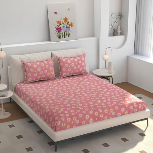 Image of Jashan 300 TC Glace Cotton Super Soft Fabric King Size Fitted Bedsheet for Double Bed, King Size 72 inches X 78 Inches x 10 Inches, with 2 Large Size Pillow Covers -Pink Lilly Flowers