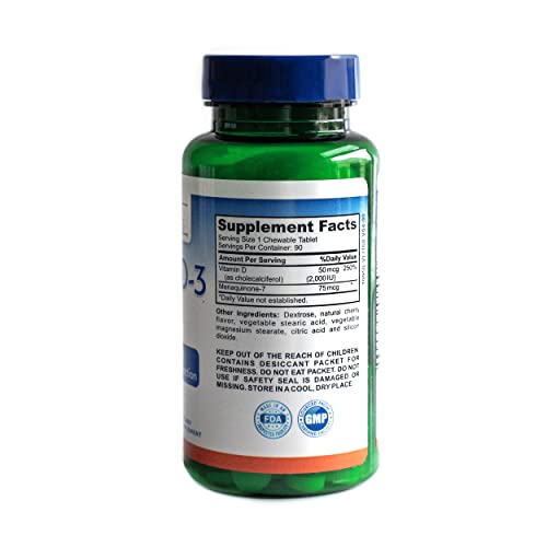 Z Neurosciences Vitamin D-3 W/Vitamin K-2 - Chewable Tablets – 2000 Iu/75 Mcg - Daily Vitamin D3 And K2 Supplements For Teeth, Bone Health, & Heart Health –Made In Usa - Non-Gmo - 90 Counts #TOP6