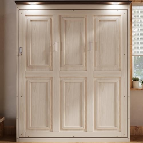 MERITLINE Queen Murphy Bed with LED, Farmhouse Solid Wood Vertical Murphy Wall Bed Cabinet for Adults (Natural Wood)
