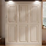 MERITLINE Queen Murphy Bed with LED, Farmhouse Solid Wood Vertical Murphy Wall Bed Cabinet for Adults (Natural Wood)