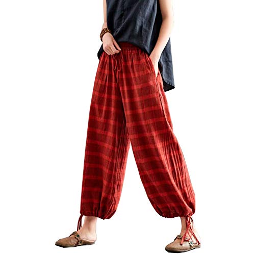 JWTX - Pantalones de Mujer con Cintura elástica y Bolsillos, de algodón y Lino, Sueltos, para Mujer, Pantalones de Yoga, Mujer, Color Rojo, tamaño Talla única Cover