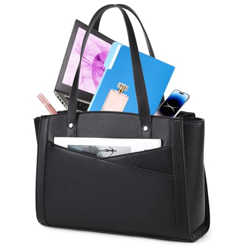 Image of MYHOZEE Work Tote Bag for Women PU Leather 15.6 Inch Laptop Bag | 3 Compartment, Large Capacity, Fits A4 folders, Purse Handbag for Office Work College Bussiness Travel Daily Used