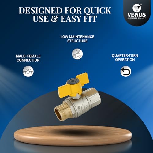 Image of VENUS Brass Ball Valve A207 1 /2 inch M-F | Heavy Duty Solid Brass with Aluminium Wing Handle | Leak Proof, Easy Quarter Turn for Water, Gas & Air Lines