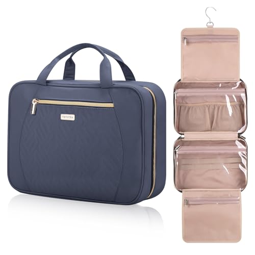 TBTOTRA Hanging Toiletry Bag for Women Travel, 2 Sizes Large & Small Waterproof Cosmetic Organizer with 4 Compartments, Rotating Hook, Foldable Pink Travel Bag for Toiletries & Makeup, Large Grey Blue