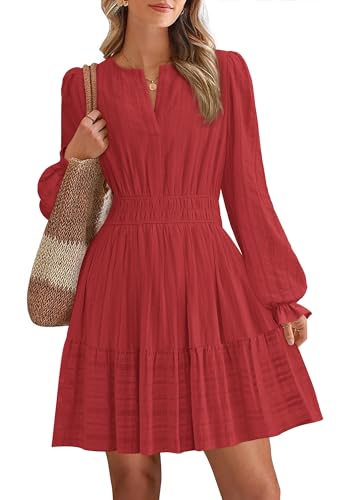 BTFBM Mini Dresses for Women 2025 Casual Lightweight Long Sleeve V Neck A Line Elastic Waist Party Holiday Dress