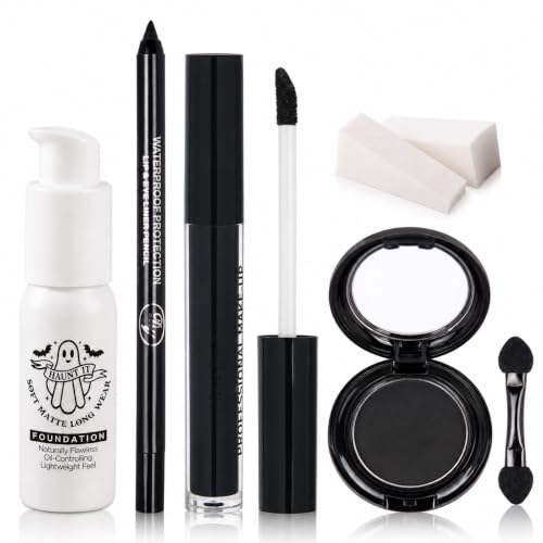 Goth Makeup Kit, 7Pcs Gothic Makeup Set with White Liquid Foundation, Black Liquid Lipstick,Black Eyeshadow, Eyeliner Pencil, Brush & 2 Sponges, Halloween Makeup Kit for Vampire Witch Emo Cosplay