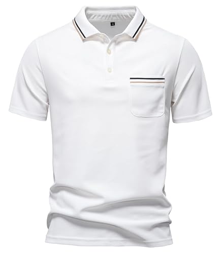 Image of Genfien Mens Short Sleeve Polo Shirts Quick Dry Breathable Lightweight Polo Shirt with Button Workout Casual White