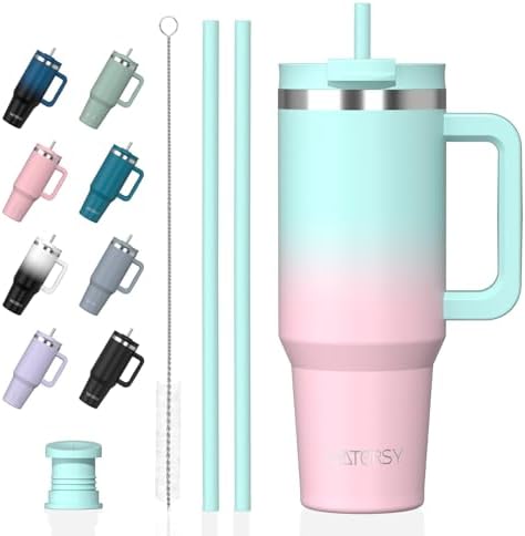 WATERSY 1.2L Thermobecher mit 2 Strohhalmen, Trinkbecher Auslaufsicherer Kaffeebecher To Go Vakuum-Isoliert mit BPA frei Schraubdeckel, Trinkflasche Kühlt 12 Stunden,Bonbonrosa