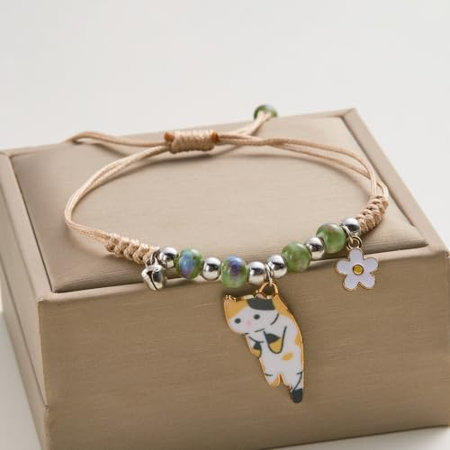 Fuqimanman2020 Cute Cat Bracelet Kawaii Kitten String Rope Chain Braided Bracelet with Flower - Adjustable Cat Lover Jewelry2
